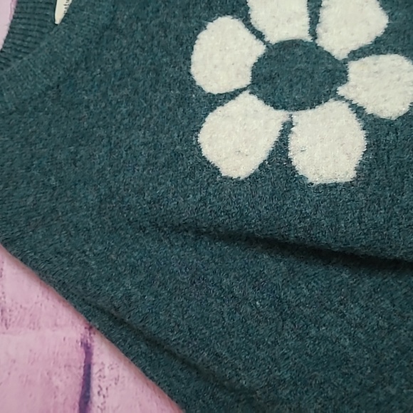 NATURAL LIFE DEEP SPECKLED GREEN HIPPIE DAISY PRINTED WOOL BLEND SWEATER XL - Picture 8 of 15